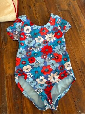 Girls Floral Short-Sleeve One-Piece Swimsuit - red, white and blue